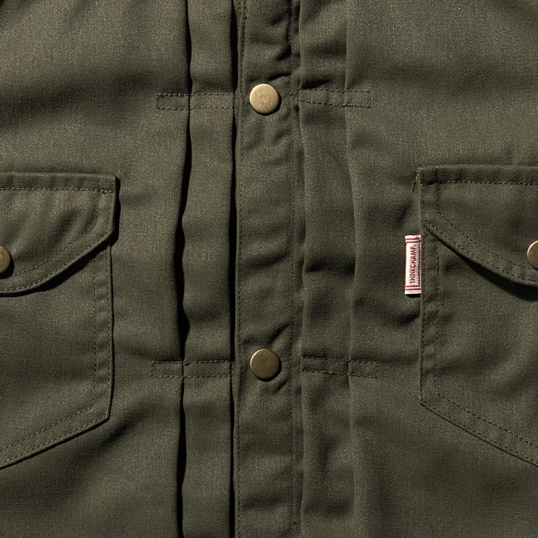 (PRE-ORDER ONLY) ARCHIVE 001: BUCCANEER TWILL TYPE-2 JACKET IN LAKE GREEN | SCARLET TAG BY THINKCHAMP
