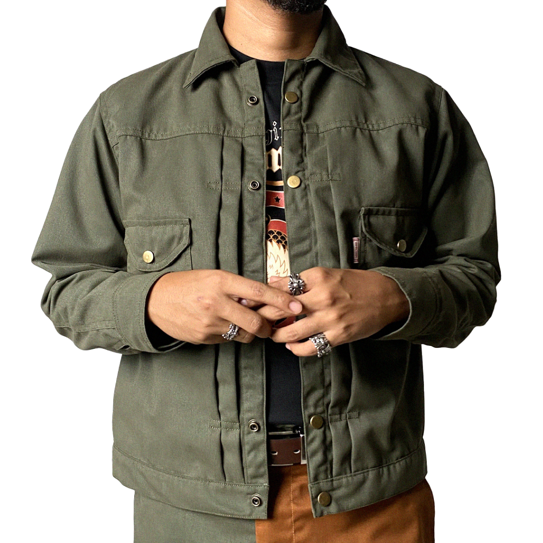 (PRE-ORDER ONLY) ARCHIVE 001: BUCCANEER TWILL TYPE-2 JACKET IN LAKE GREEN | SCARLET TAG BY THINKCHAMP