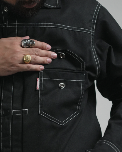 BUCCANEER TWILL TYPE-2 JACKET IN BASALT BLACK | SCARLET TAG BY THINKCHAMP