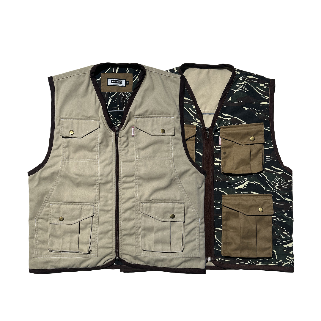 PATHFINDER REVERSIBLE UTILITY VEST IN SAND WHITE AND TIGER CAMOU COLORWAY- PRE-ORDER