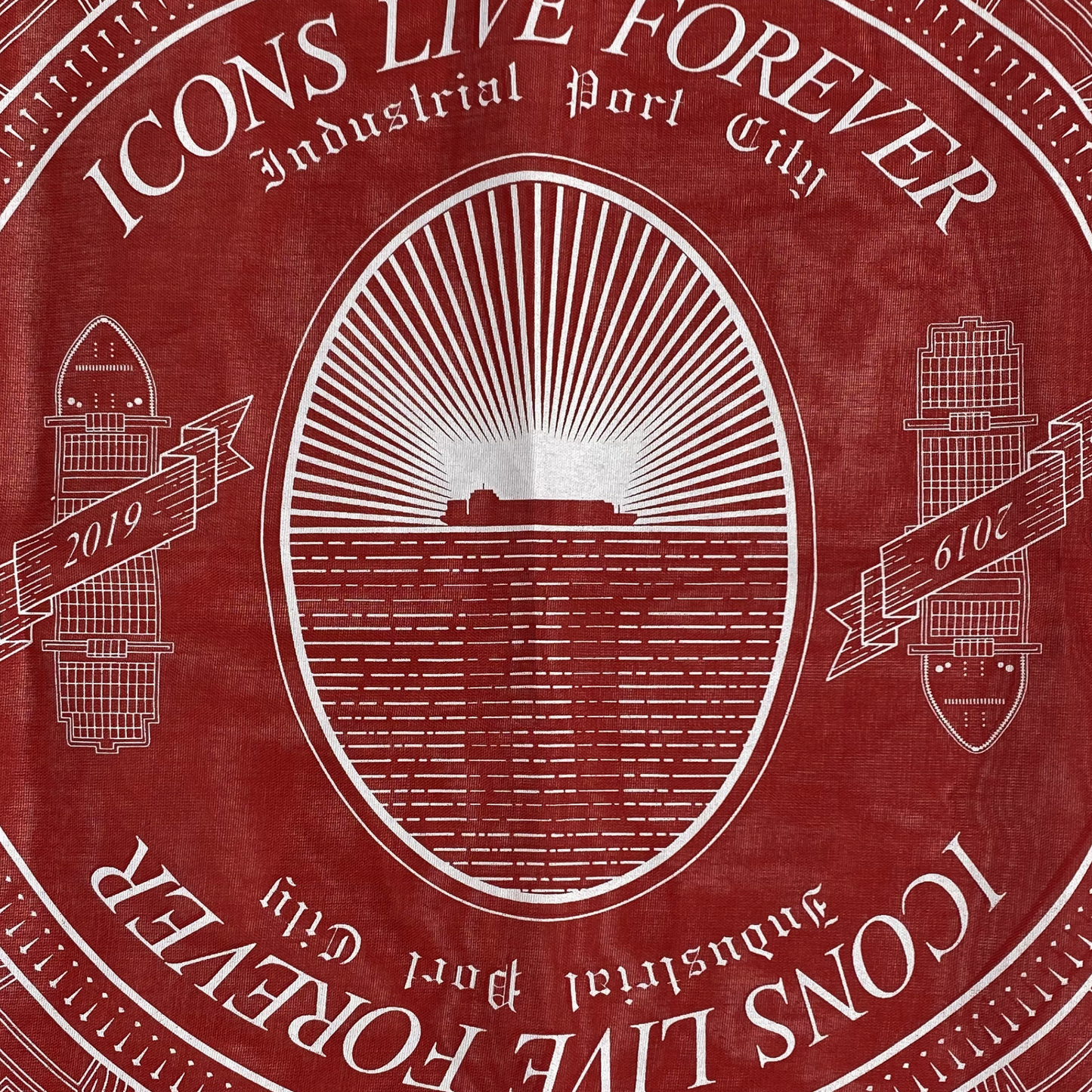 INDUSTRIAL PORT CITY BANDANA IN CRIMSON COLORWAY