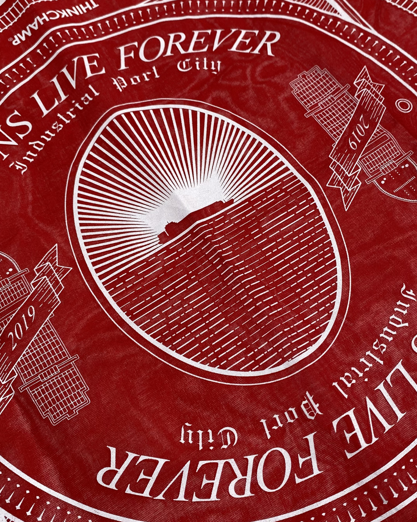 INDUSTRIAL PORT CITY BANDANA IN CRIMSON COLORWAY